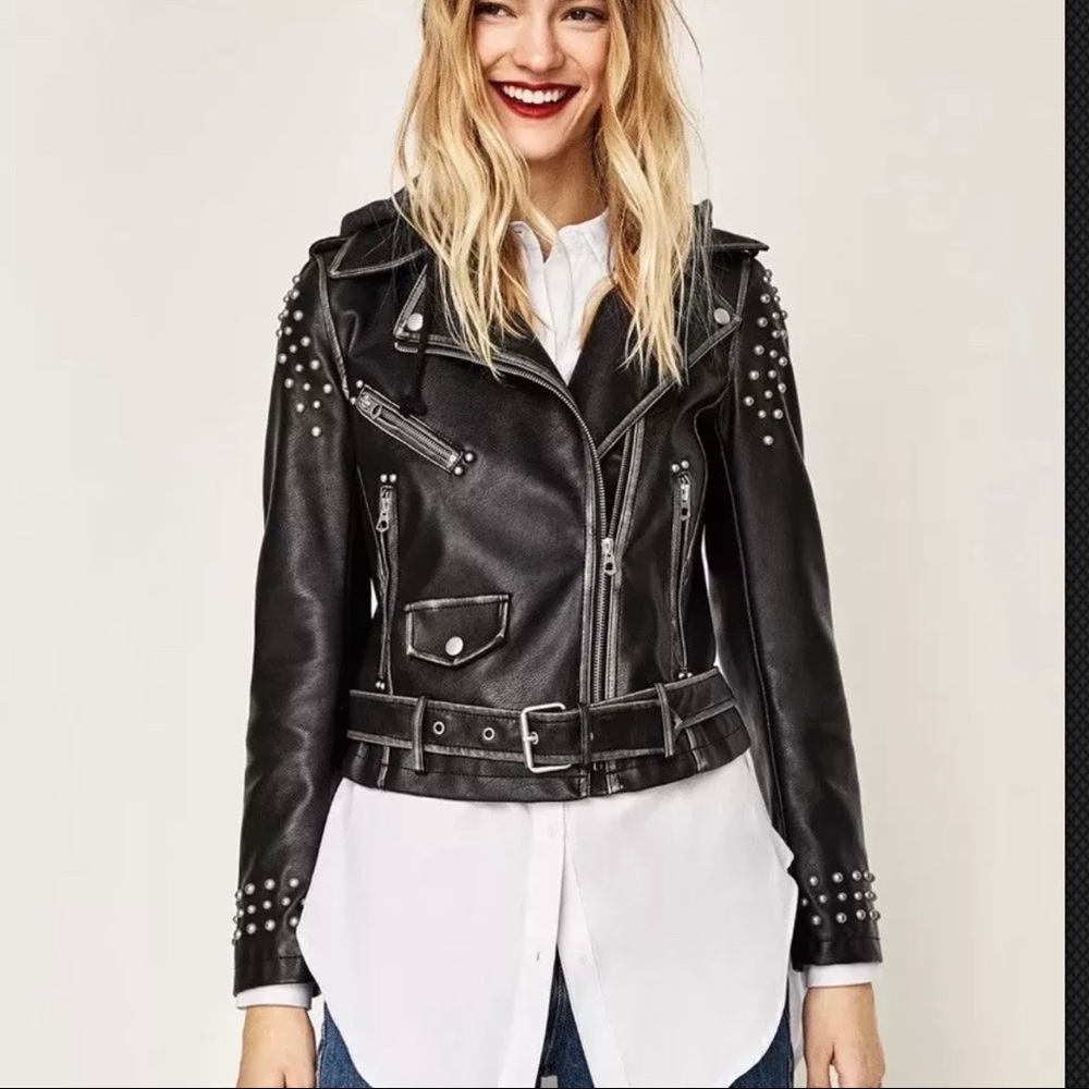 Zara Women’s Distressed Leather Jacket Hoodie